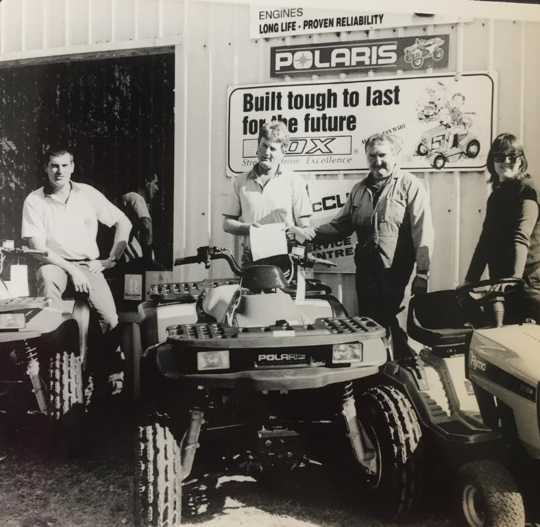 Polaris quads and Cox ride-on mowers outside Forbes Small Engine Specialists in 1993, when the business became one of the first Polaris dealers in Australia